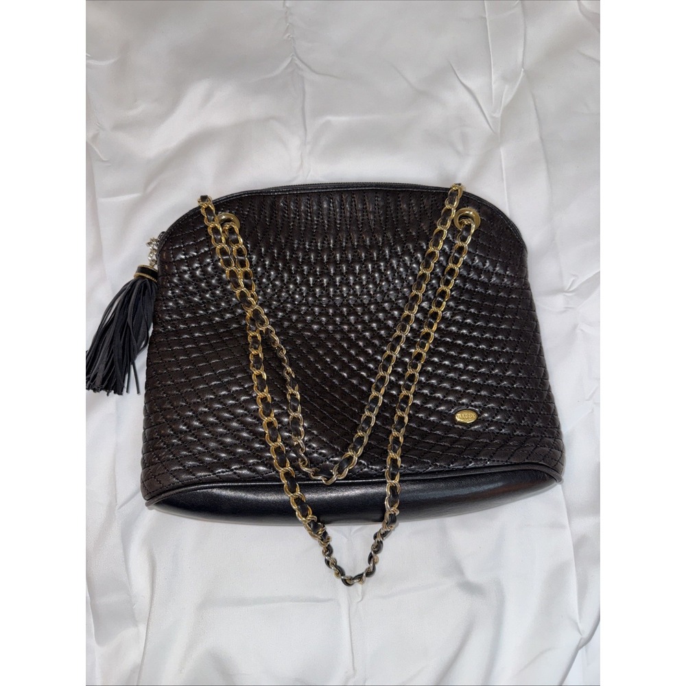 Bally Vintage Black Italian Leather Quilted Shoulder Bag Gold Chain Straps 1980s - Picture 14 of 15